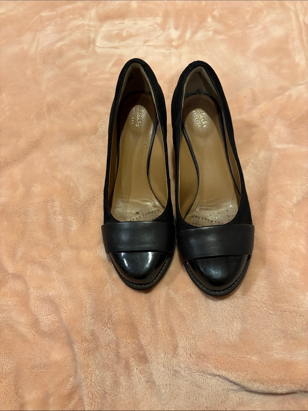 Clarks Black Leather & Suede Women’s Round-Toe Heels